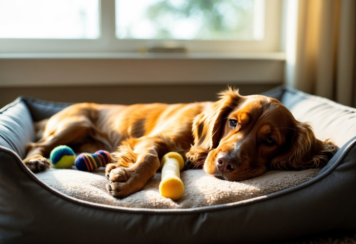 A cocker spaniel lies peacefully on a cozy dog bed, surrounded by toys and a chew bone. Sunlight streams through the window, casting a warm glow on the relaxed pup