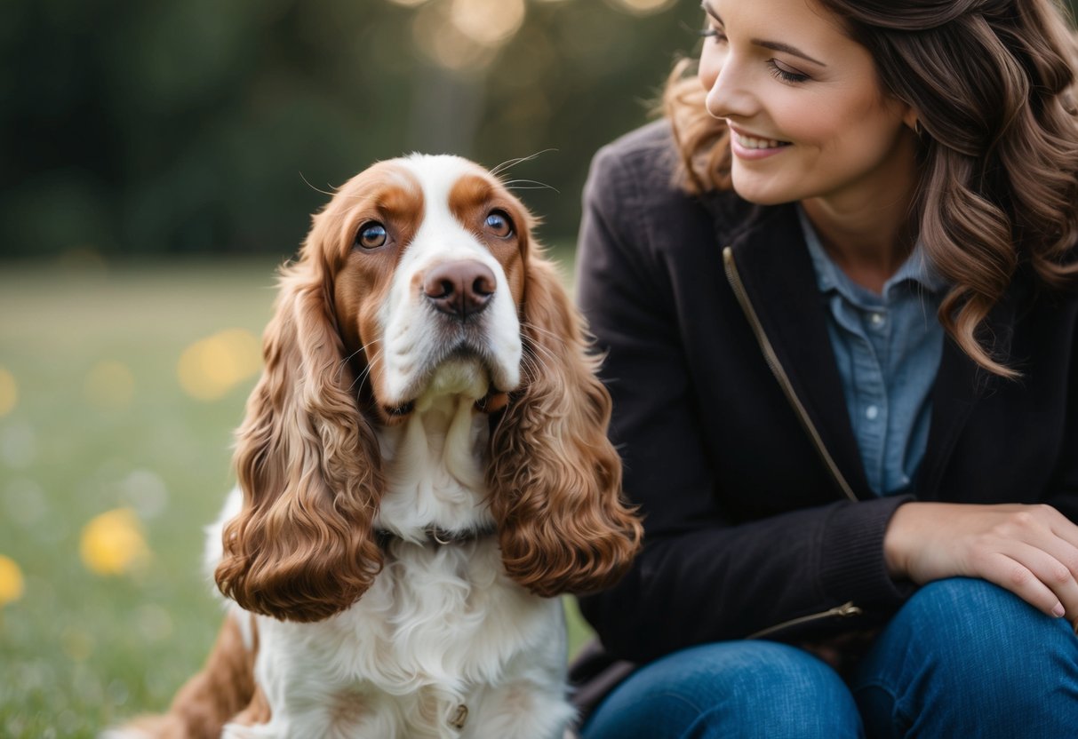 A cocker spaniel sitting beside a person, gazing up at them with a devoted and loving expression