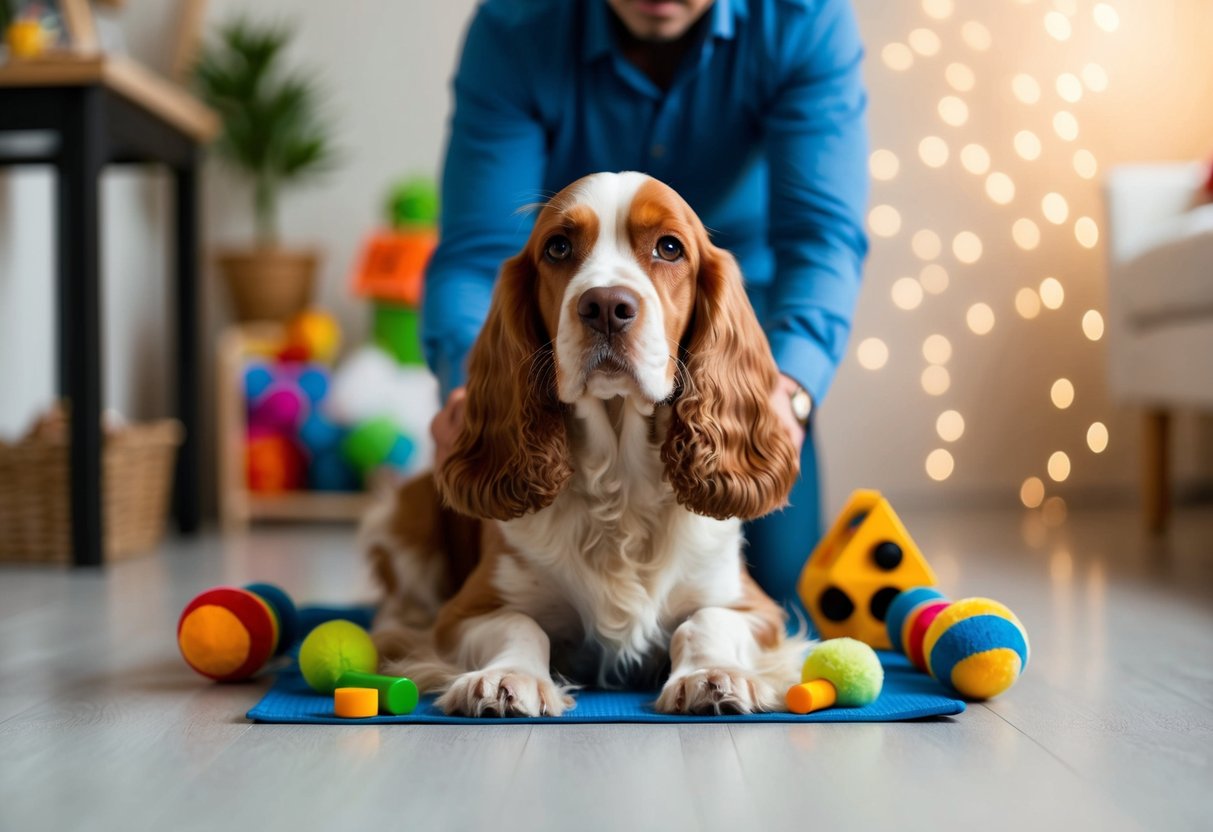 A cocker spaniel sits calmly at its owner's feet, surrounded by toys and training treats. Its attentive gaze reflects the progress made through behavioral development and training
