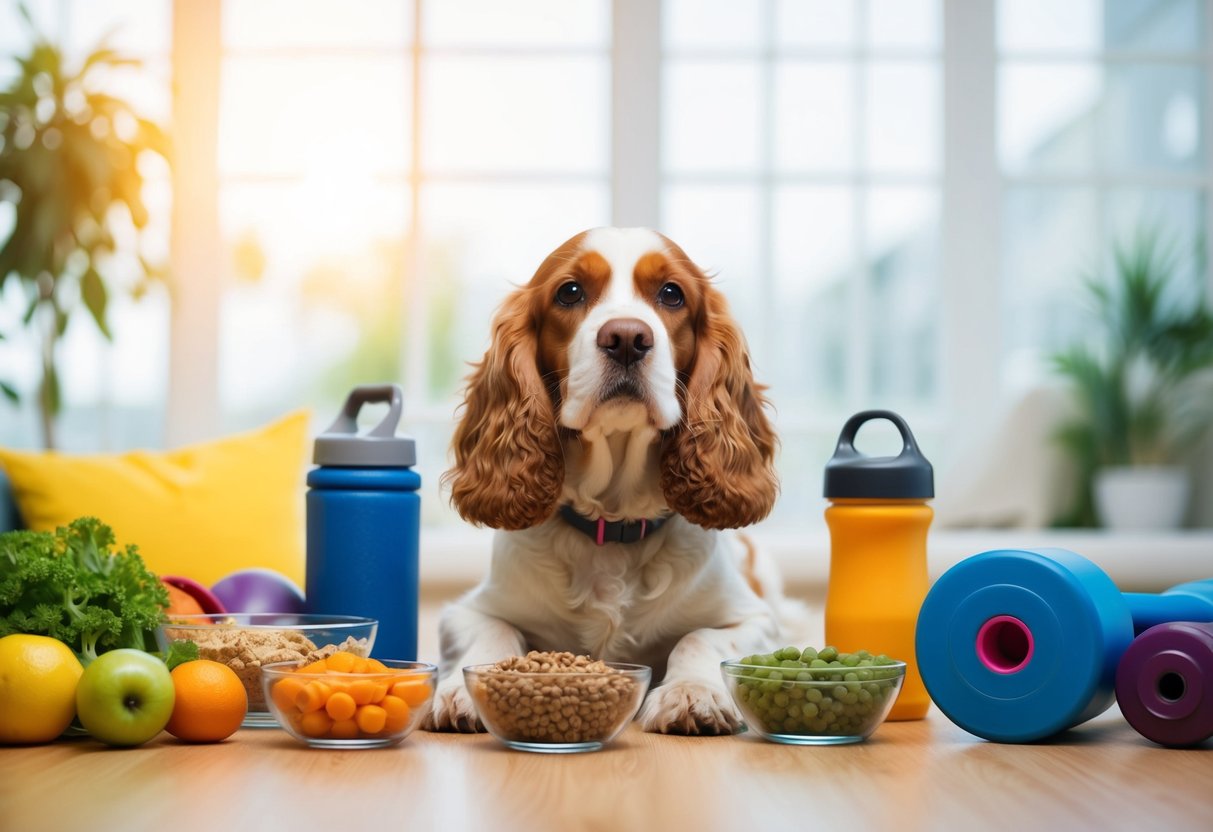 A cocker spaniel surrounded by healthy food and exercise equipment, appearing content and relaxed