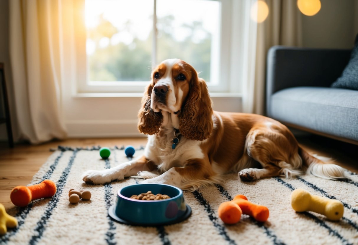 A cocker spaniel lounges on a cozy rug, surrounded by scattered toys and a food bowl. The sun streams through the window, casting a warm glow on the peaceful scene