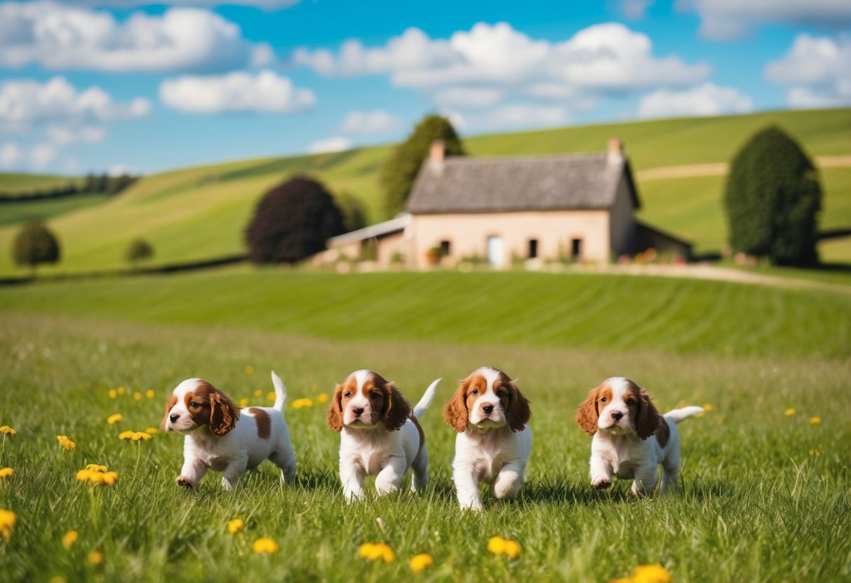 A sunny countryside with a cozy farmhouse, surrounded by rolling green hills and a playful litter of cocker spaniel puppies