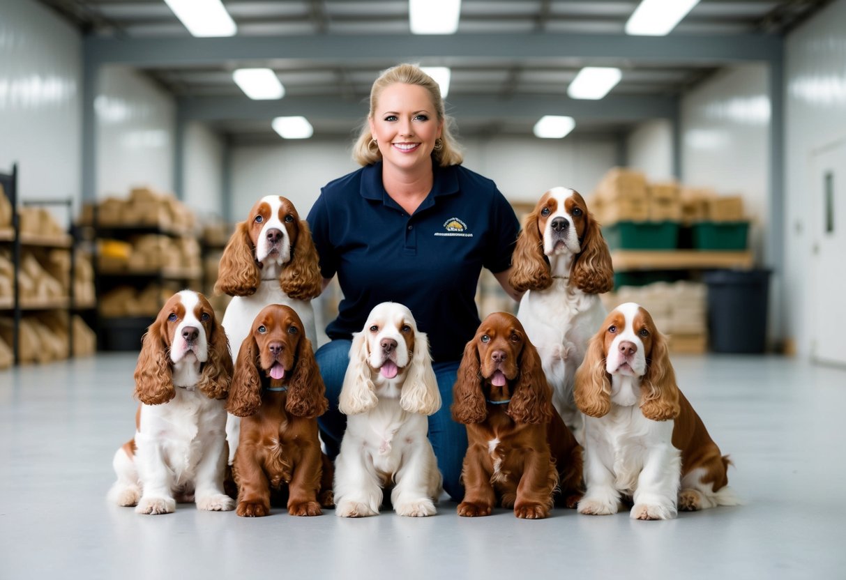 A Cocker Spaniel breeder surrounded by happy, healthy dogs in a clean, spacious environment with proper documentation and a reputable reputation