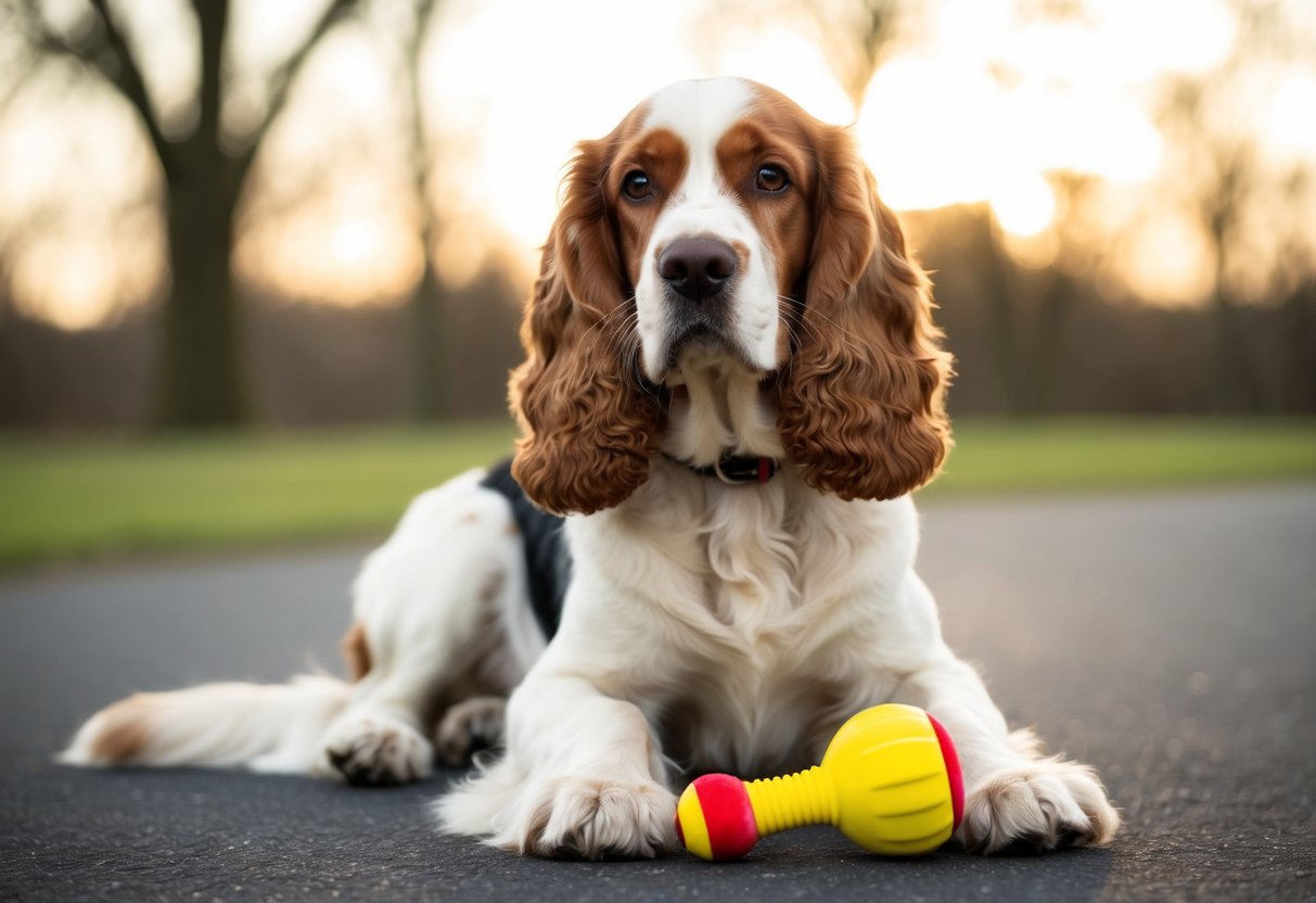 A full-grown cocker spaniel sitting next to a chewed-up toy, with a mature expression in its eyes