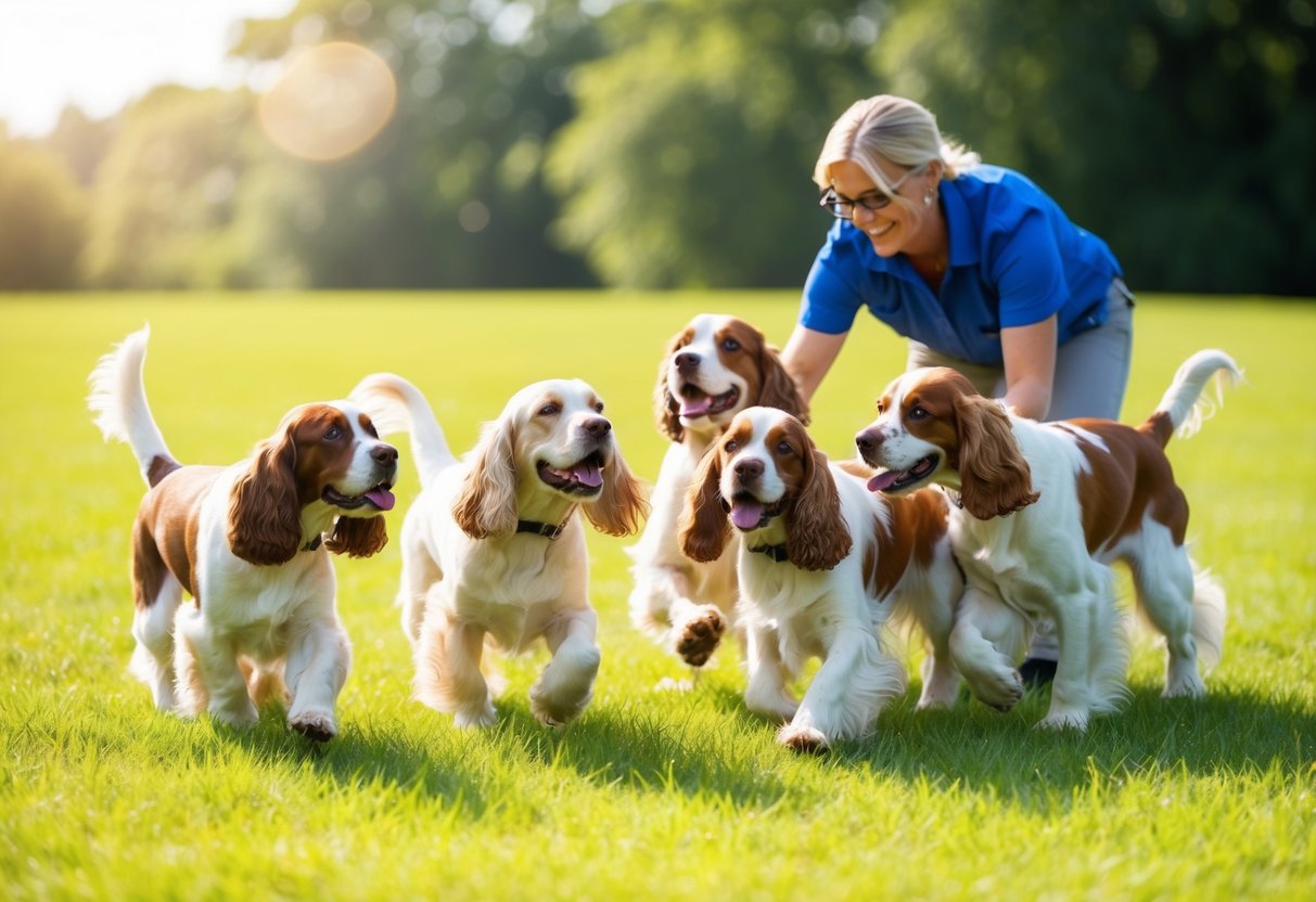 A sunny, grassy field with a group of happy, healthy Cocker Spaniels playing and interacting with a caring breeder