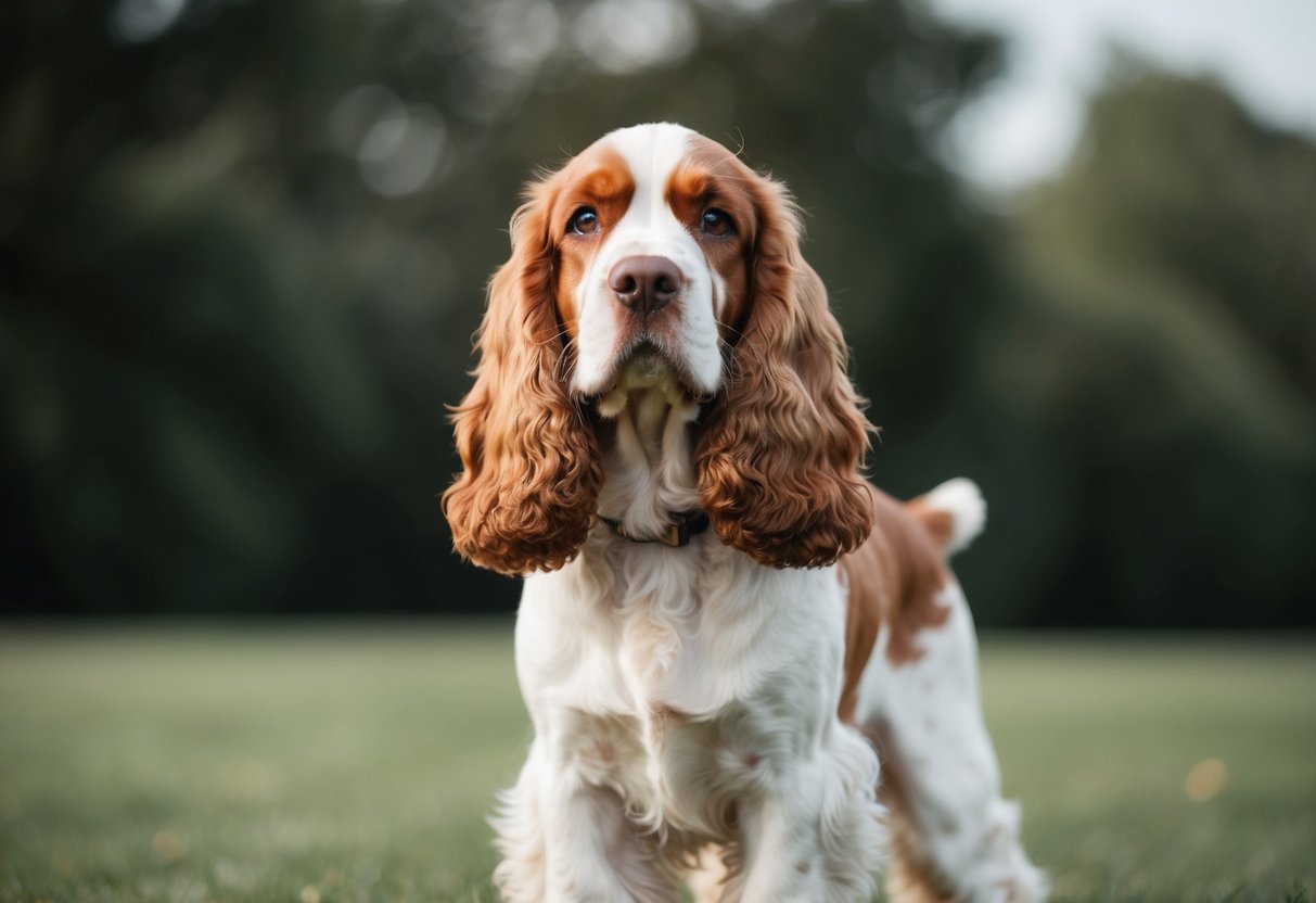 A Cocker Spaniel standing confidently with a fully developed coat and mature facial features, no longer displaying puppy-like characteristics