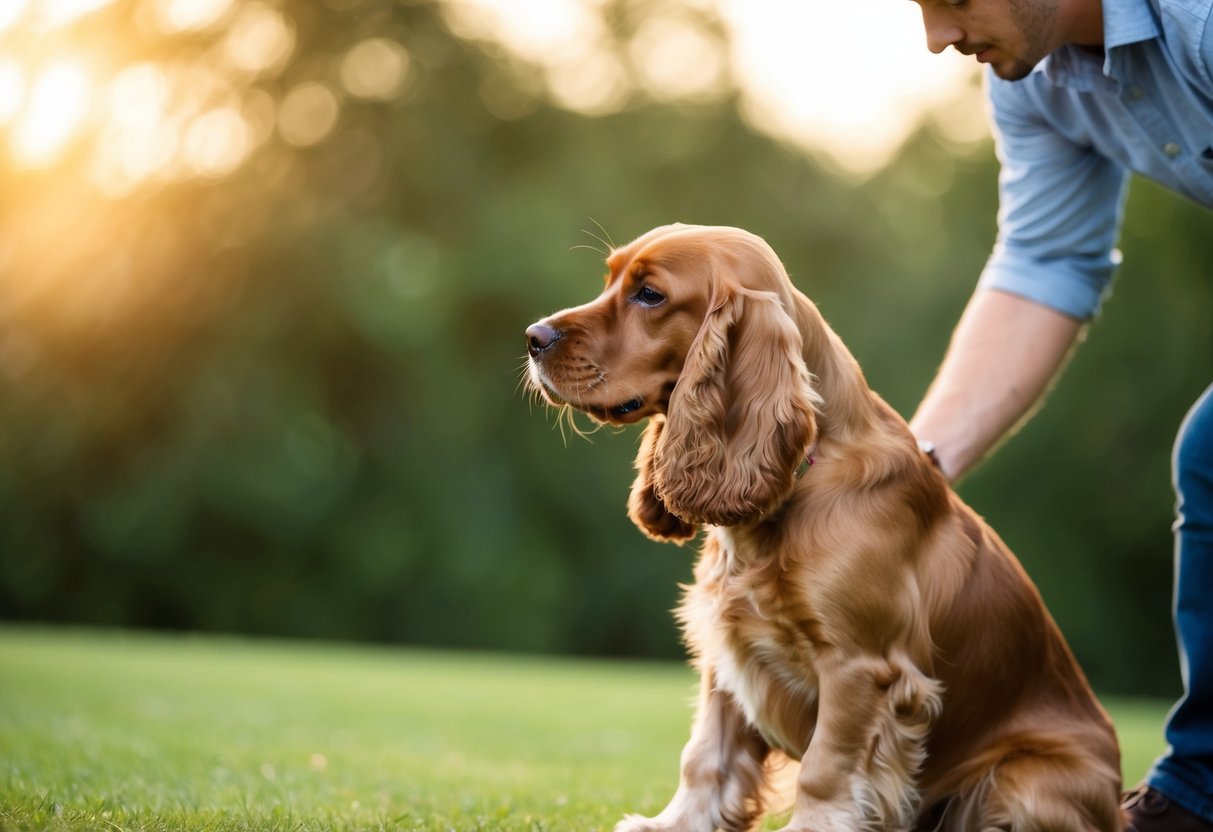 A cocker spaniel sits with its back turned, ears drooping, as its owner tries to get its attention