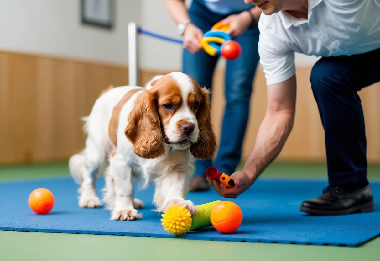 A cocker spaniel playing with toys and learning commands from a trainer in a puppy training class