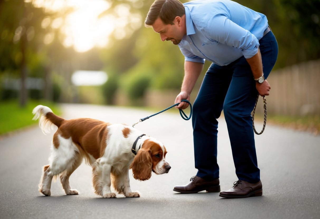 A frustrated owner tries to call their cocker spaniel, who is busy sniffing the ground and ignoring the commands