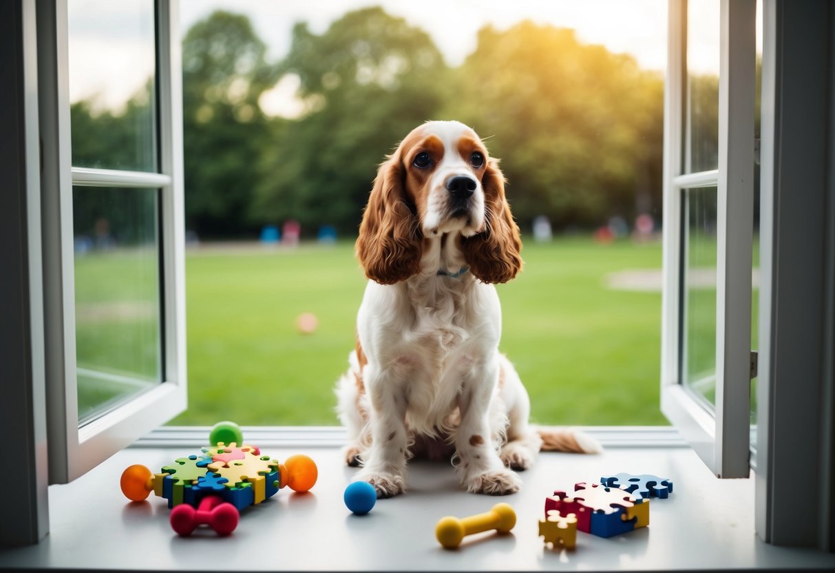 A cocker spaniel sits by a window, overlooking a park. Toys and puzzles lay untouched, as the dog stares out, ears perked and tail still