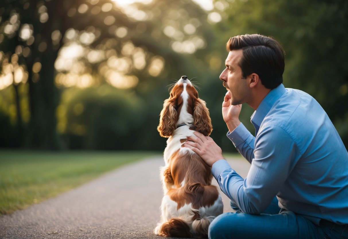 A frustrated owner calls out to a disinterested cocker spaniel, who sits with its back turned, ignoring the commands
