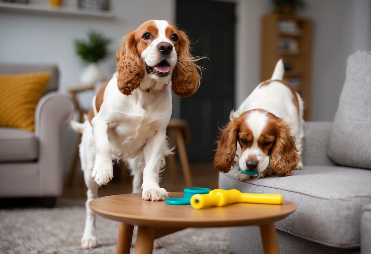 A cocker spaniel barking and jumping on furniture, while another one is chewing on household items