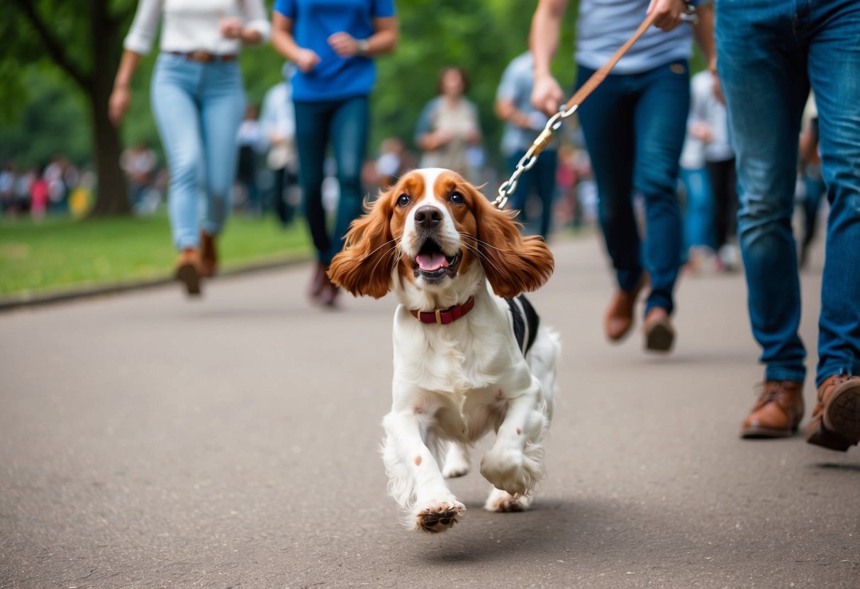 A cocker spaniel pulling on its leash, jumping on people, and barking excessively in a crowded park