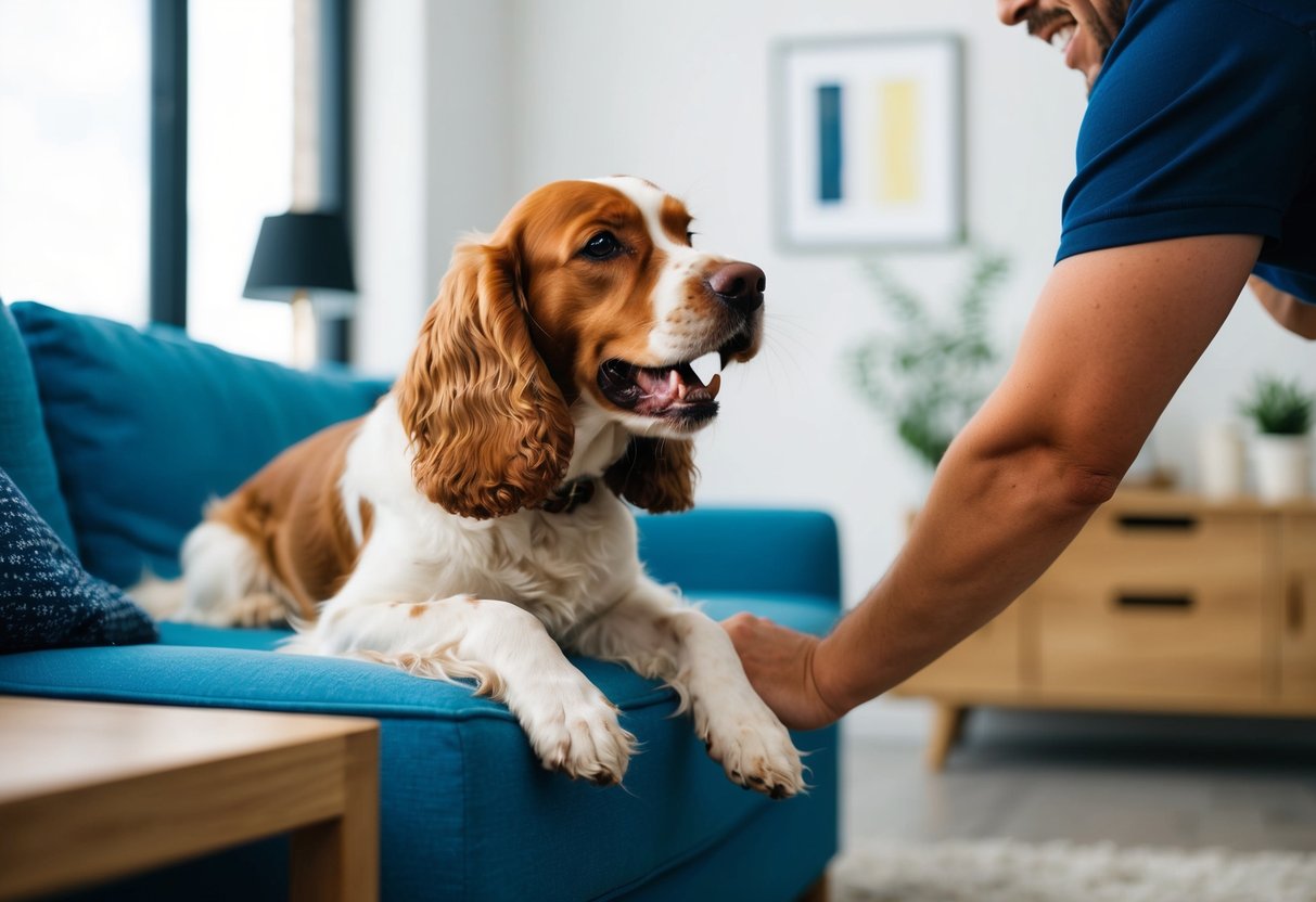 A cocker spaniel chewing on furniture, barking excessively, and jumping on people for attention