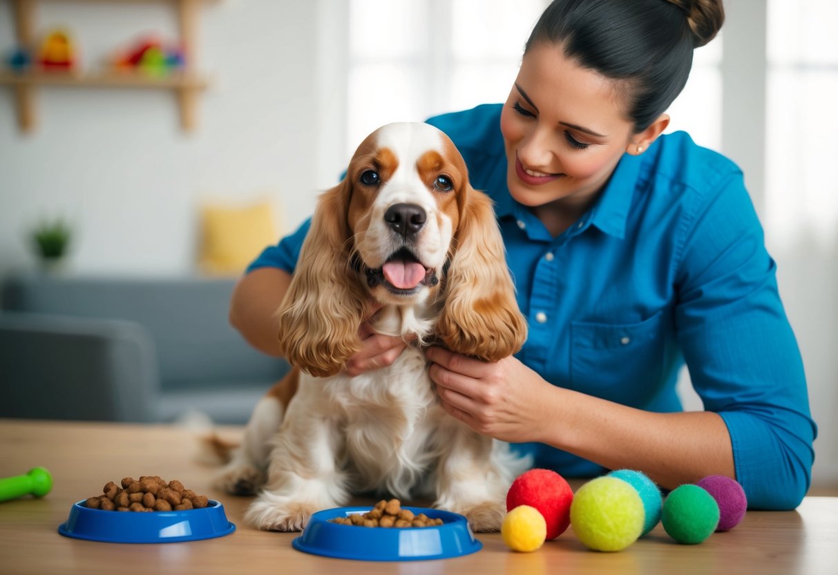 A happy cocker spaniel being groomed and cuddled by its owner, surrounded by toys and healthy dog food