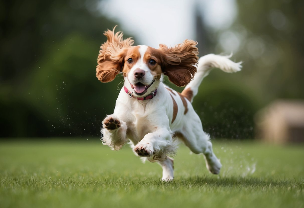 A cocker spaniel chasing its tail in a circle, with its floppy ears flying and a playful expression on its face