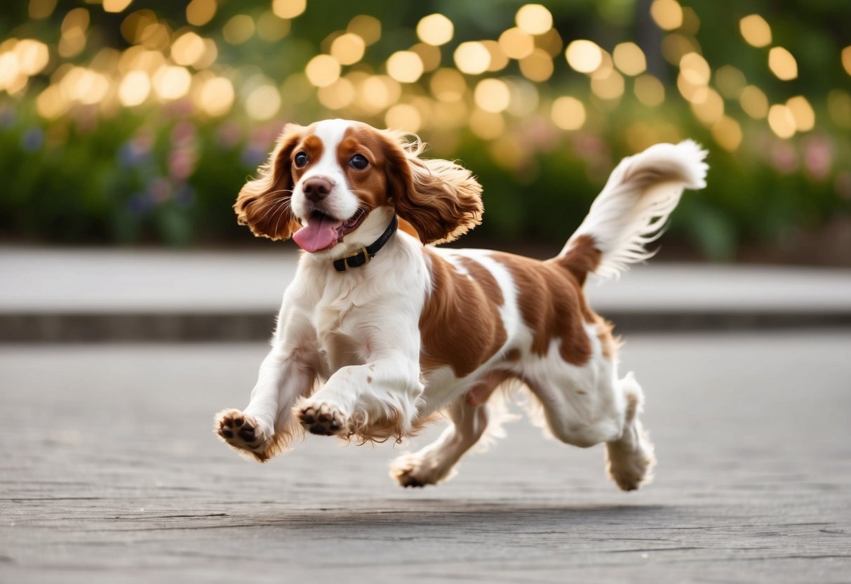 A cocker spaniel chasing its tail in circles, tongue lolling out, with a wagging tail and bright, curious eyes
