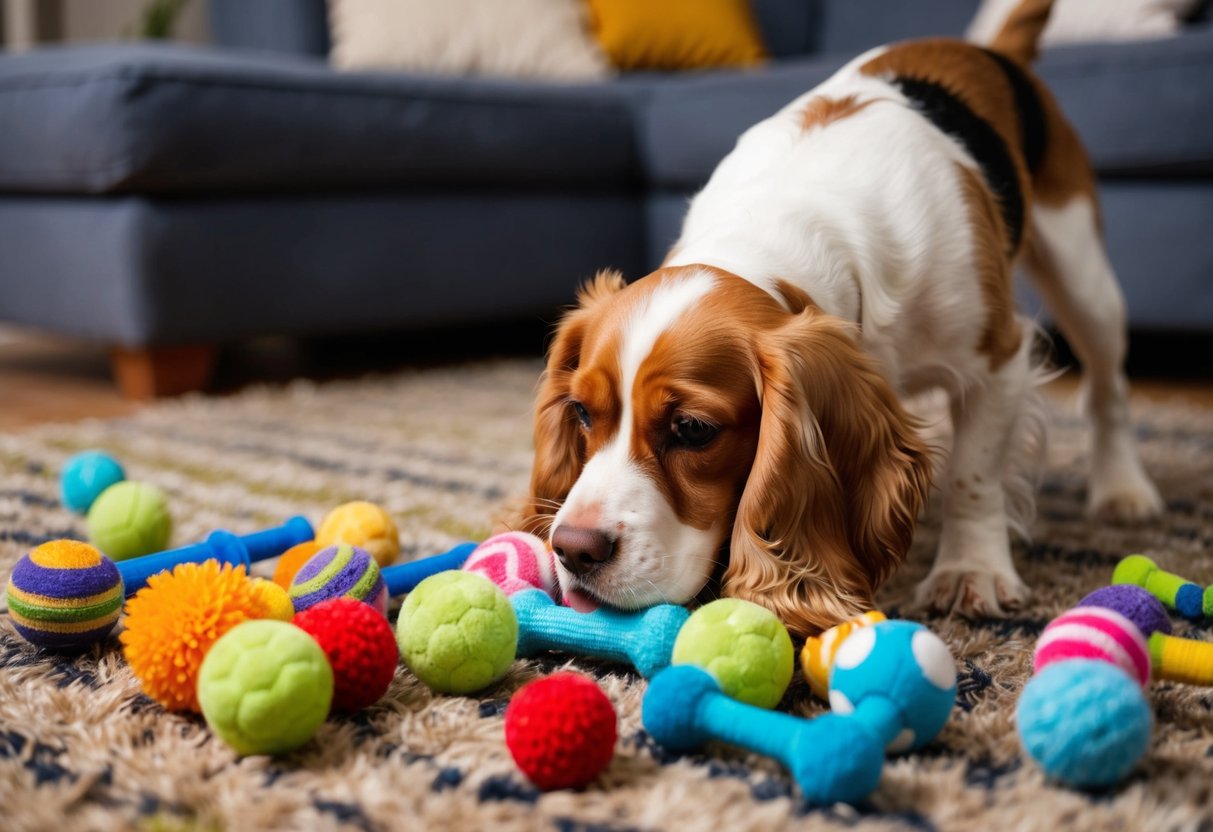 A cocker spaniel tilts its head, ears perked, as it curiously sniffs a colorful array of toys scattered across a cozy living room rug