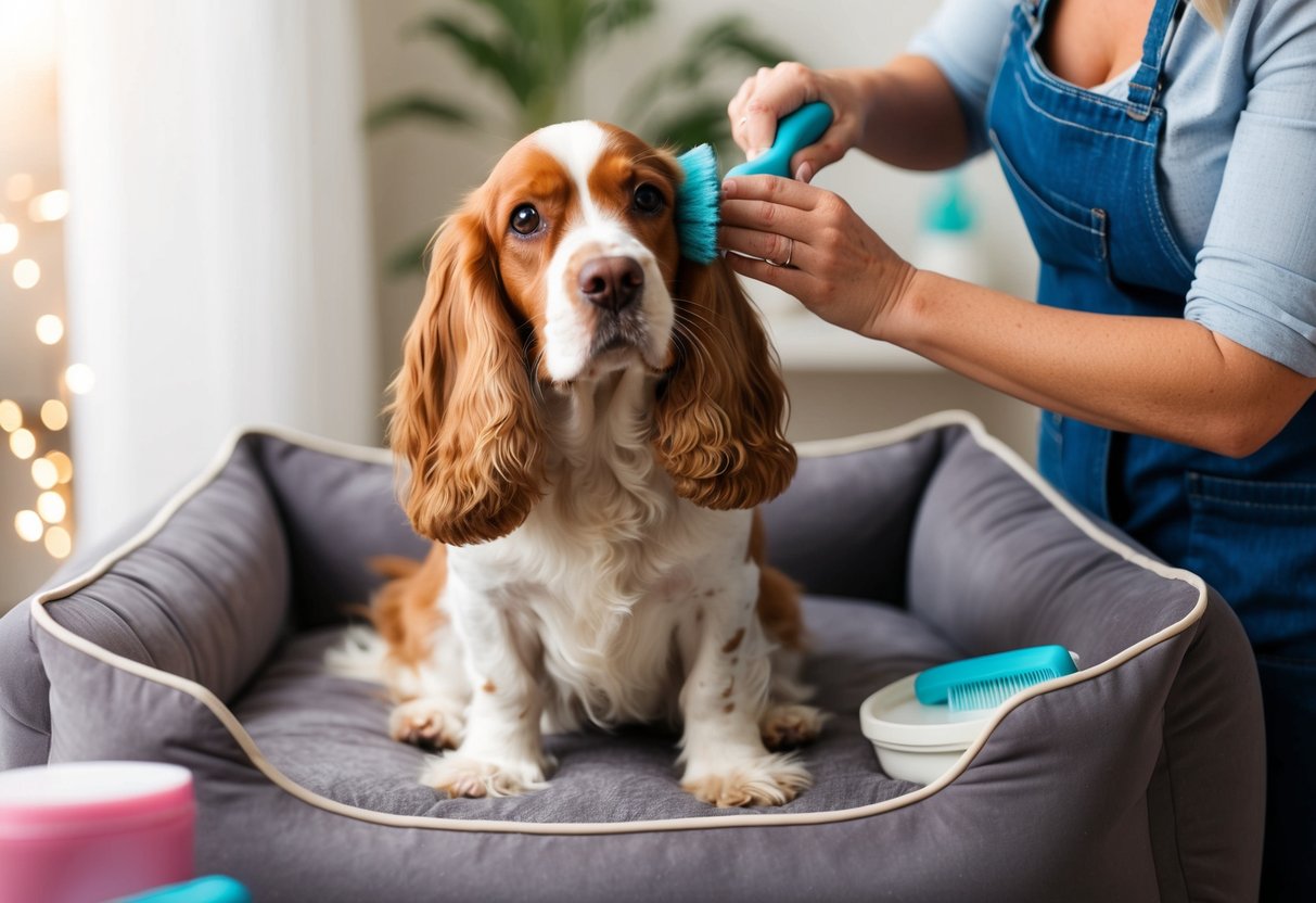 A cocker spaniel being lovingly brushed and groomed by its owner, surrounded by pet care products and a cozy bed