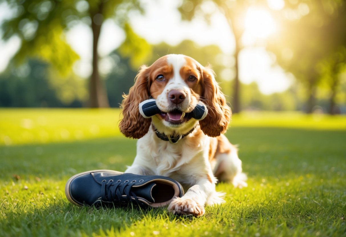 A happy Cocker Spaniel playing in a sunny park, with a torn shoe in its mouth and a guilty look on its face