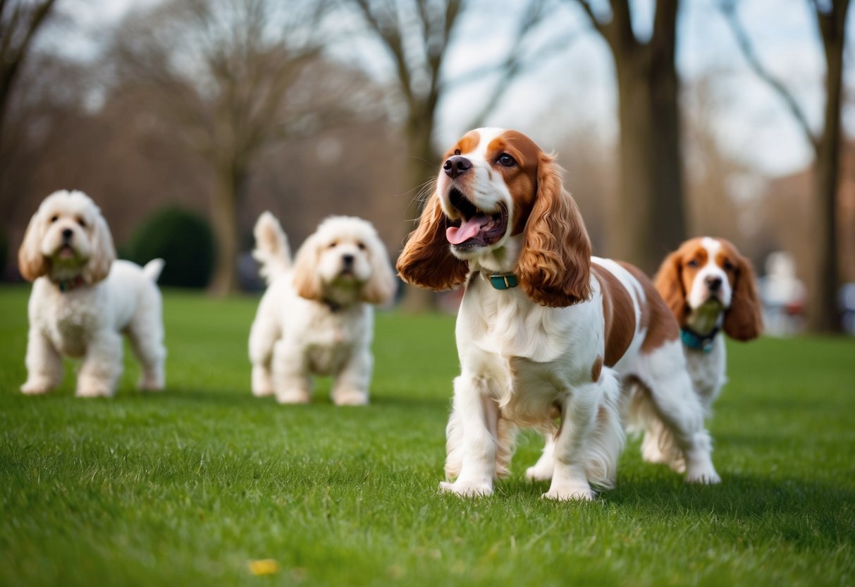 A cocker spaniel barks loudly in a park, while other dogs nearby remain quiet