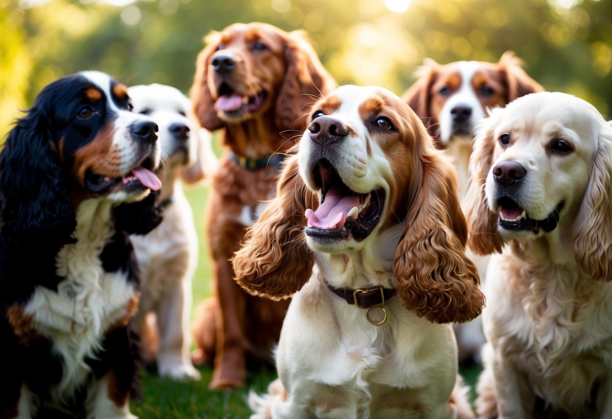 A cocker spaniel barking loudly while surrounded by other dogs of various breeds