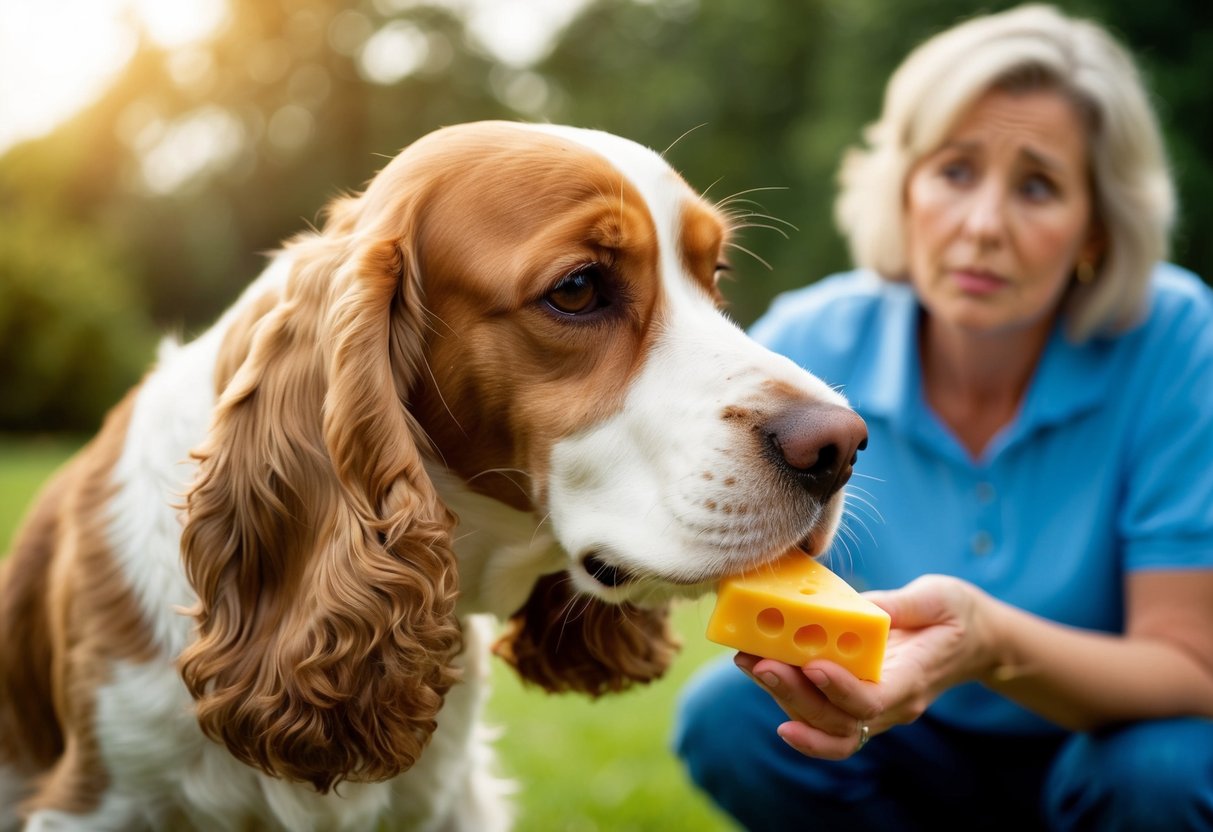 A cocker spaniel hesitantly sniffs a piece of cheese while their owner looks on with concern