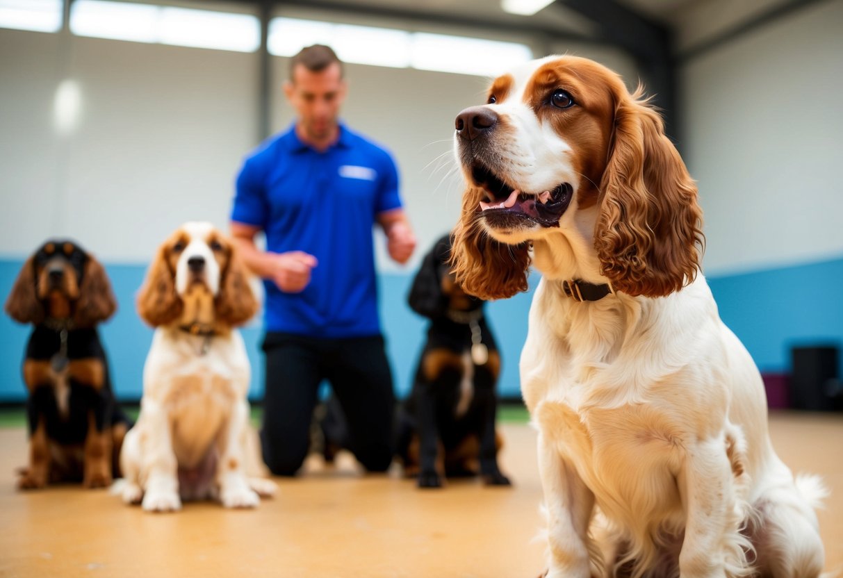 A cocker spaniel barks loudly in a training class, while other dogs sit quietly, focused on their trainers