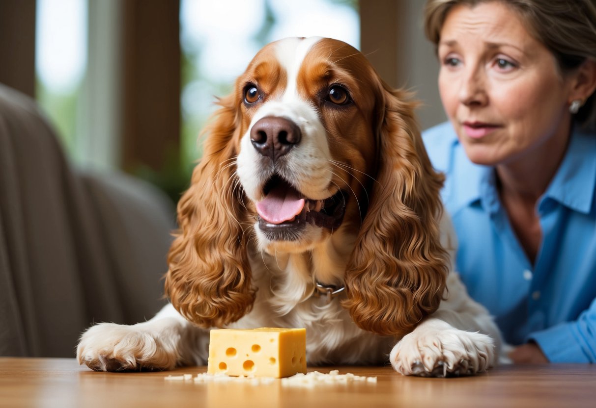 A happy cocker spaniel eagerly eating a small amount of cheese, with a concerned owner looking on