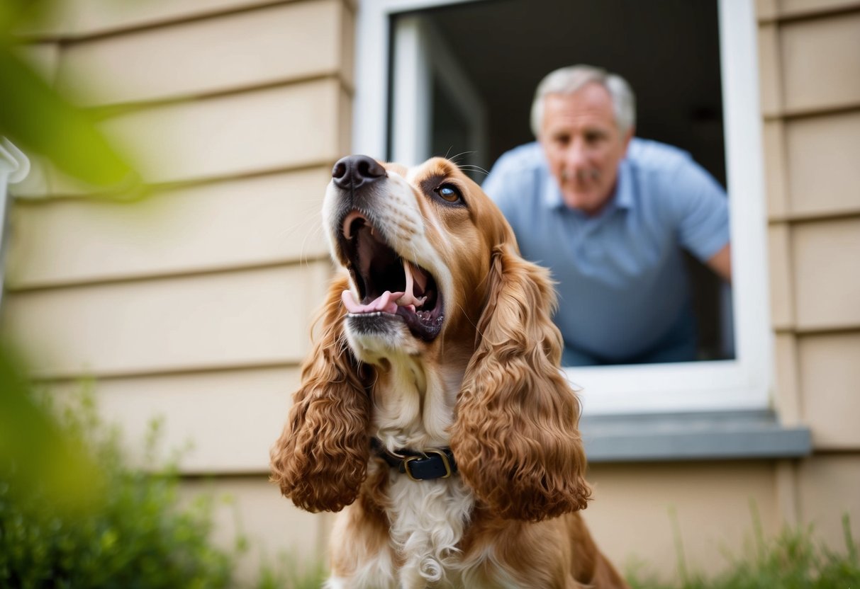 A Cocker Spaniel barking loudly in a backyard, with a concerned owner looking on from the window