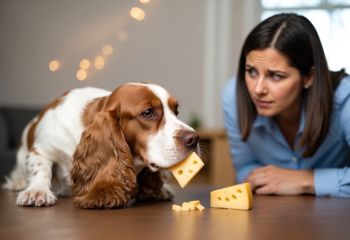 A Cocker Spaniel hesitantly sniffs a piece of cheese, while a concerned owner looks on