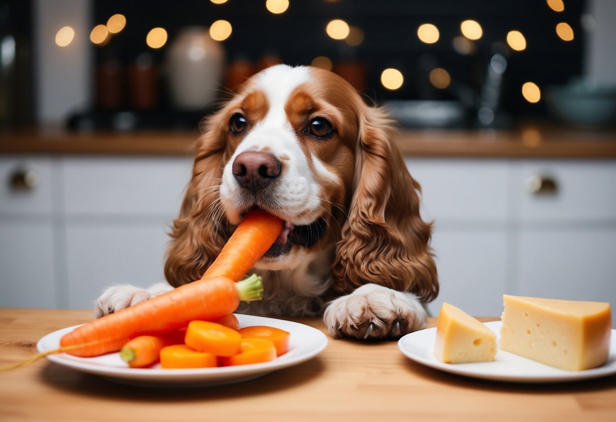 A cocker spaniel happily munches on carrots and apple slices, while a plate of cheese sits untouched nearby