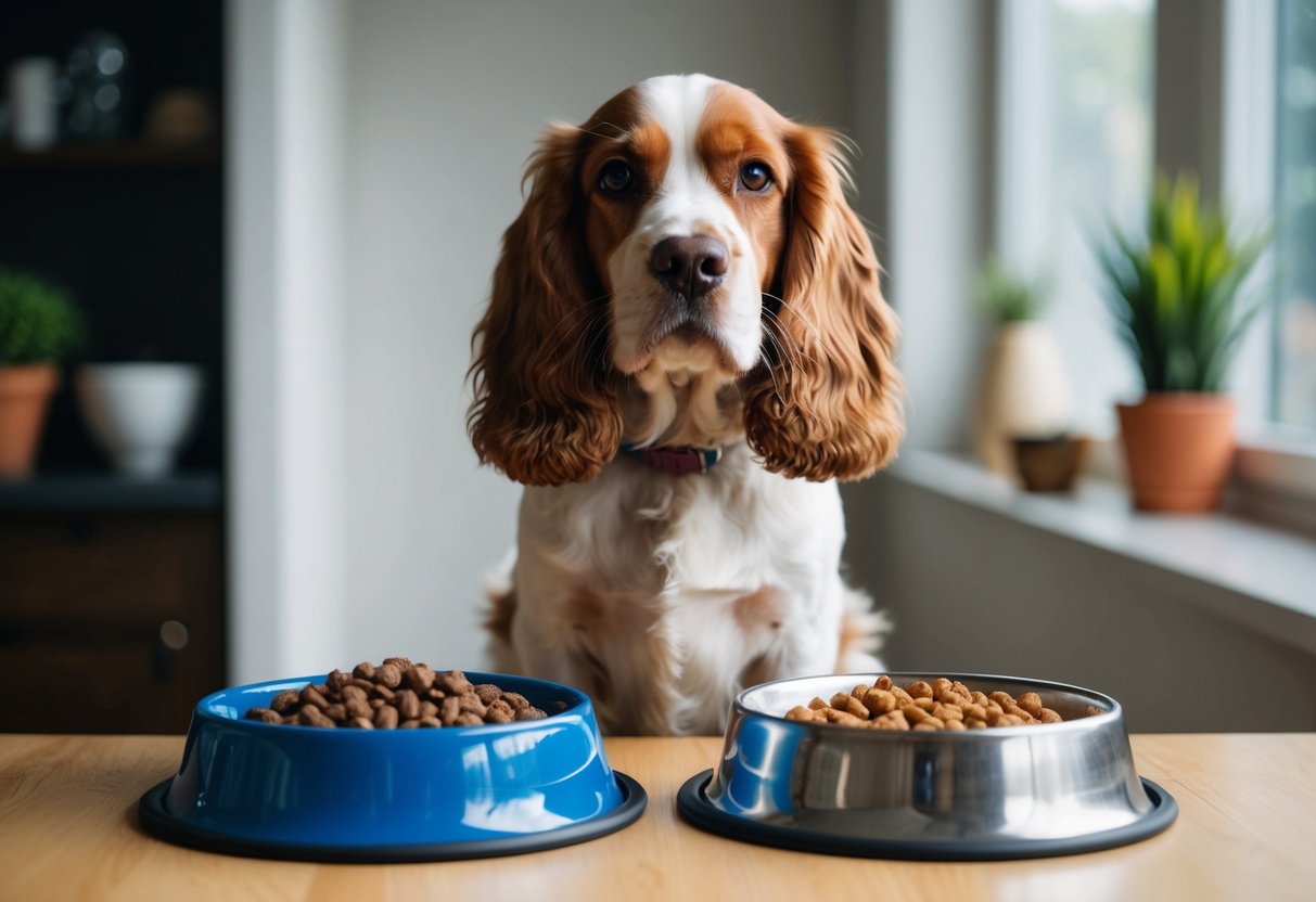 A cocker spaniel stands between two bowls, one filled with dry kibble and the other with wet food, looking curiously at both