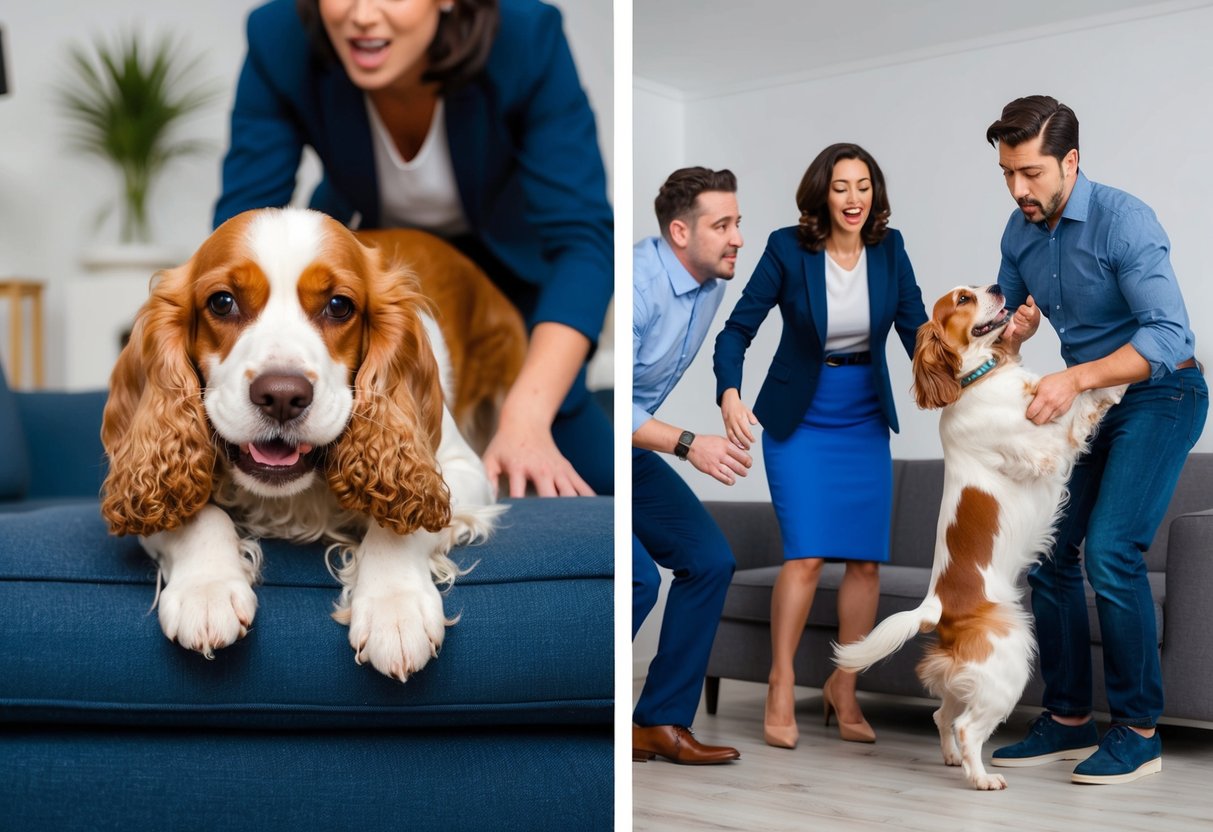 A cocker spaniel chewing on furniture while the owner looks frustrated. Another scene shows the dog jumping on guests, with the owner trying to control it