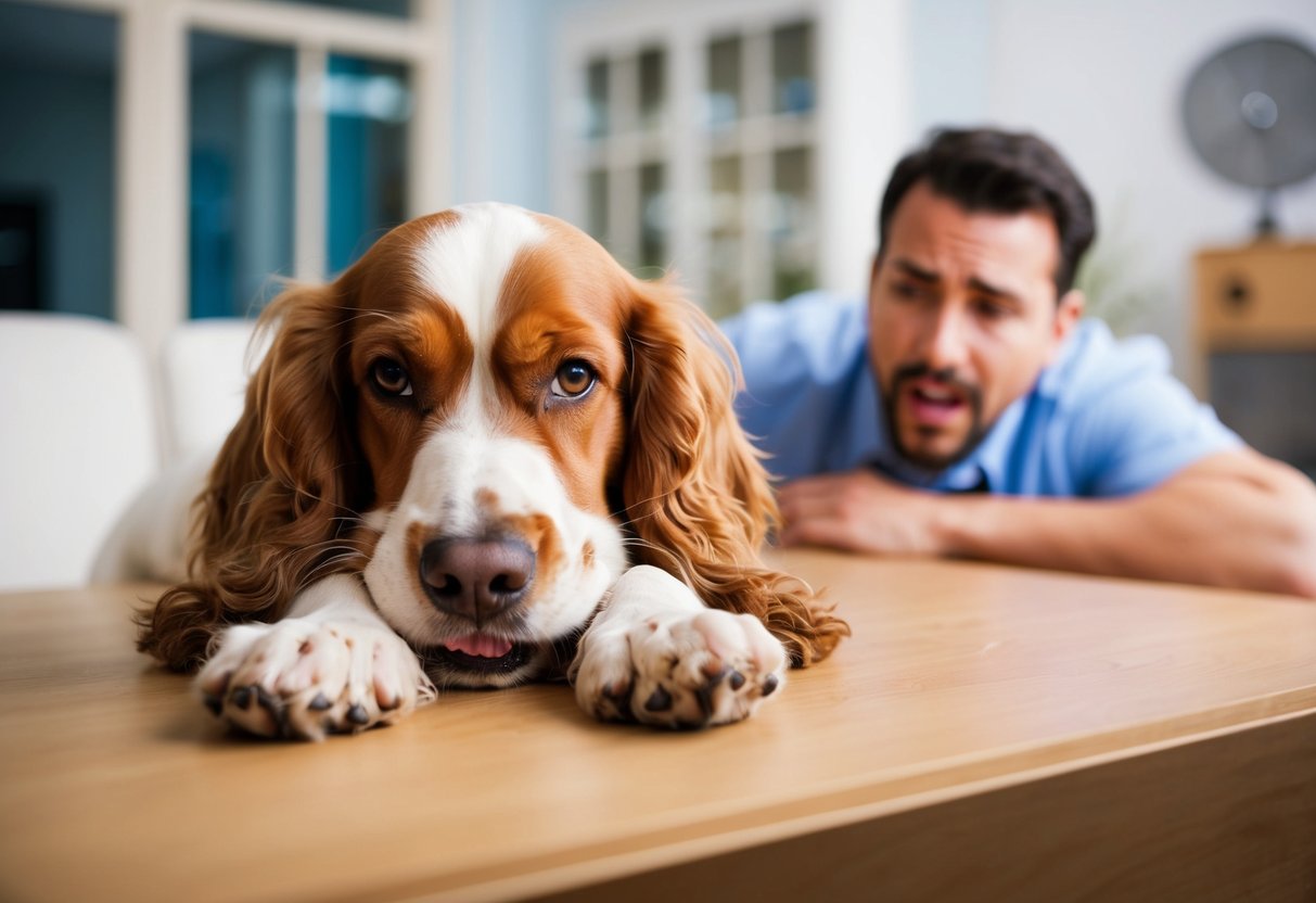 A Cocker Spaniel chewing on furniture while the owner looks frustrated in the background