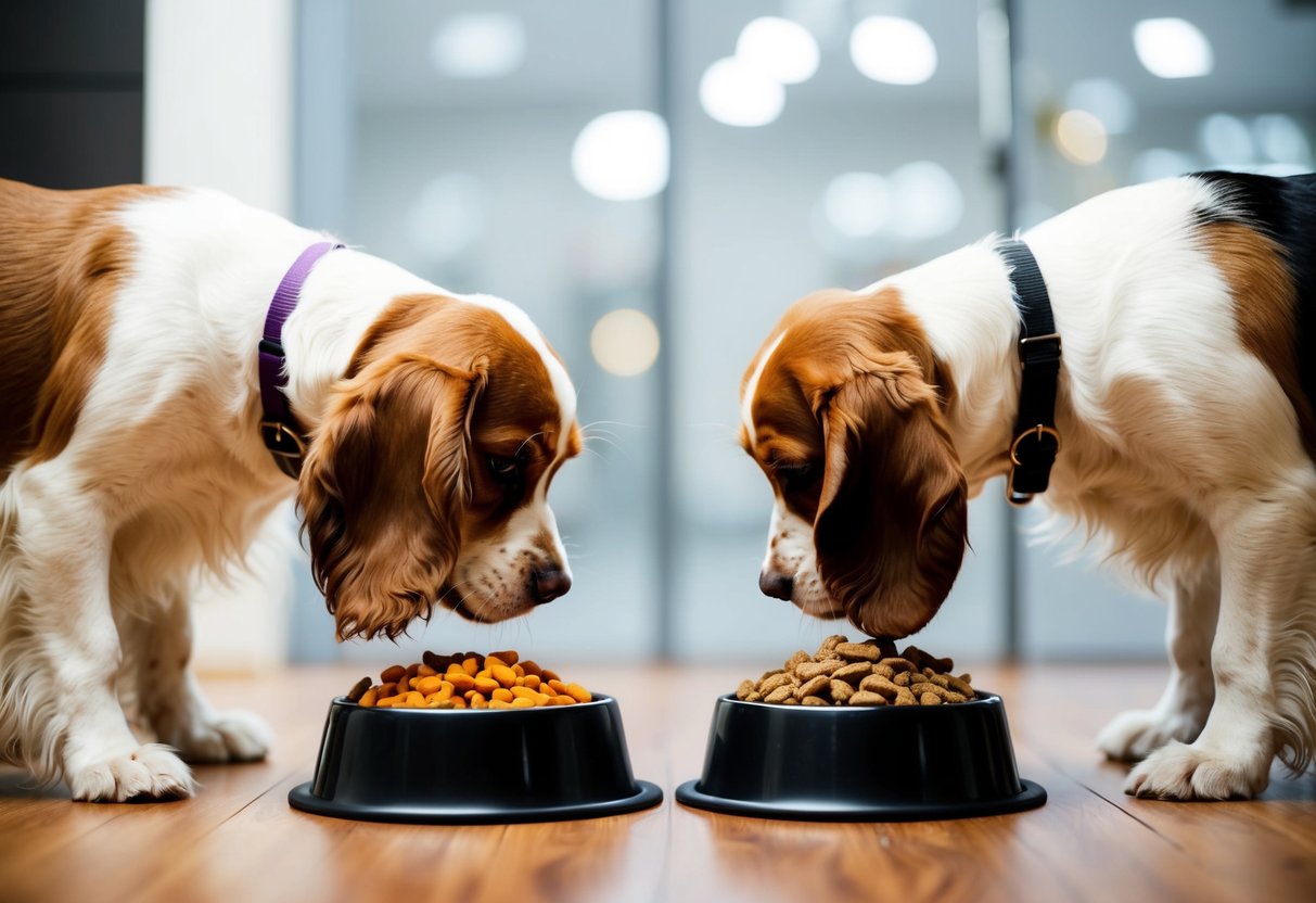 A cocker spaniel eagerly sniffs two food bowls - one filled with dry kibble, the other with wet food. The dog's tail wags as it considers which option to choose