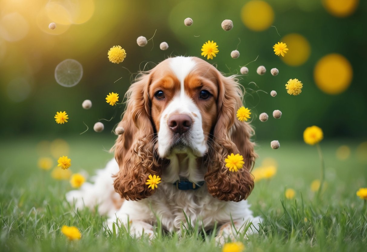 A cocker spaniel surrounded by common allergens like pollen, dust, and mold spores, with visible signs of discomfort such as itching and redness