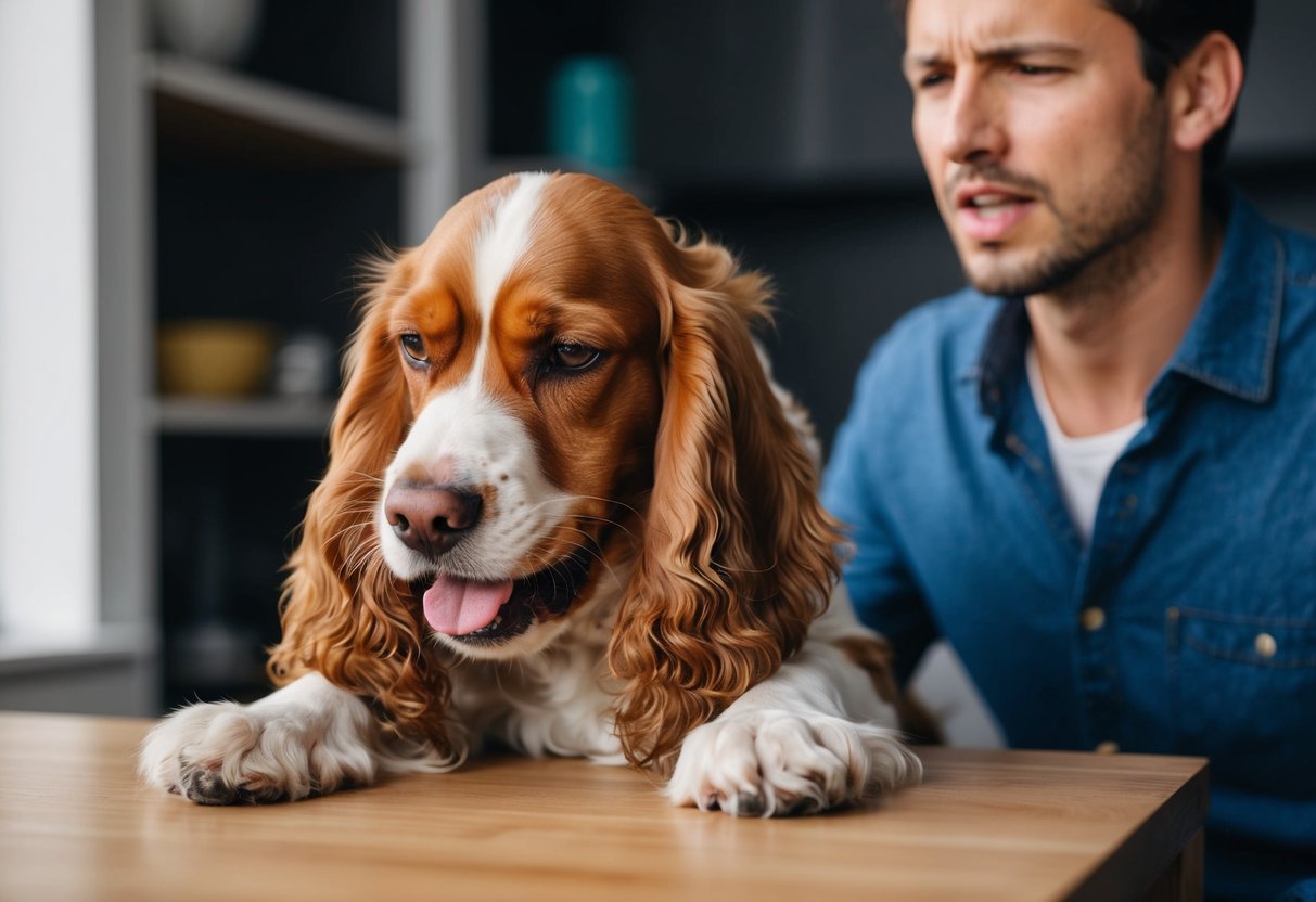 A cocker spaniel chewing on furniture while the owner looks frustrated