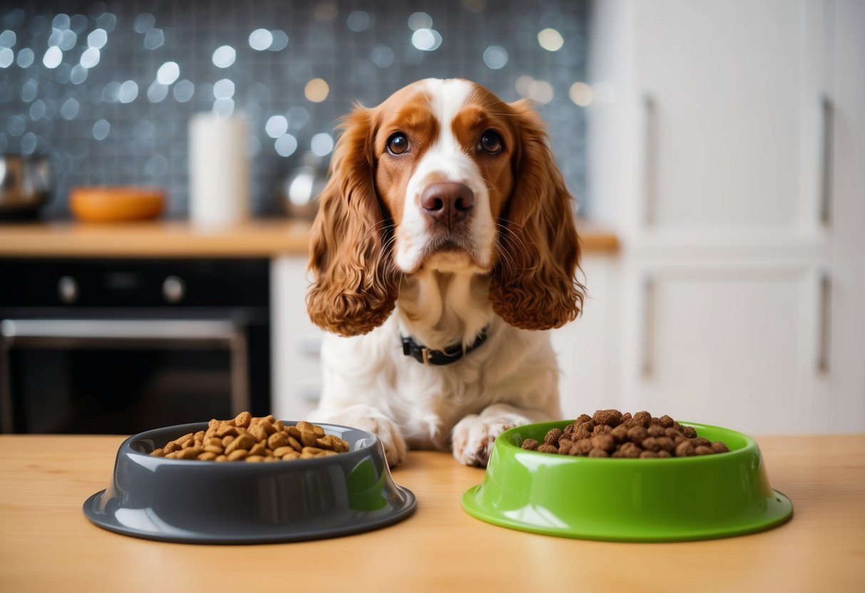 A cocker spaniel stands between a bowl of dry kibble and a bowl of wet food, looking up at the viewer with a curious expression