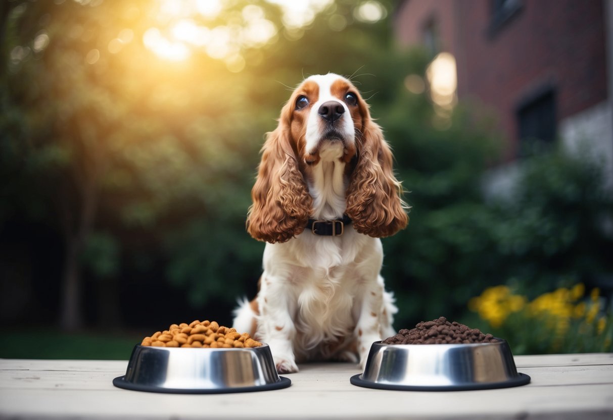 A cocker spaniel sits between a bowl of dry kibble and a bowl of wet food, looking up expectantly