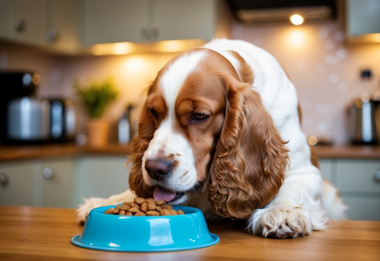 A cocker spaniel eating from a food bowl in a cozy kitchen setting