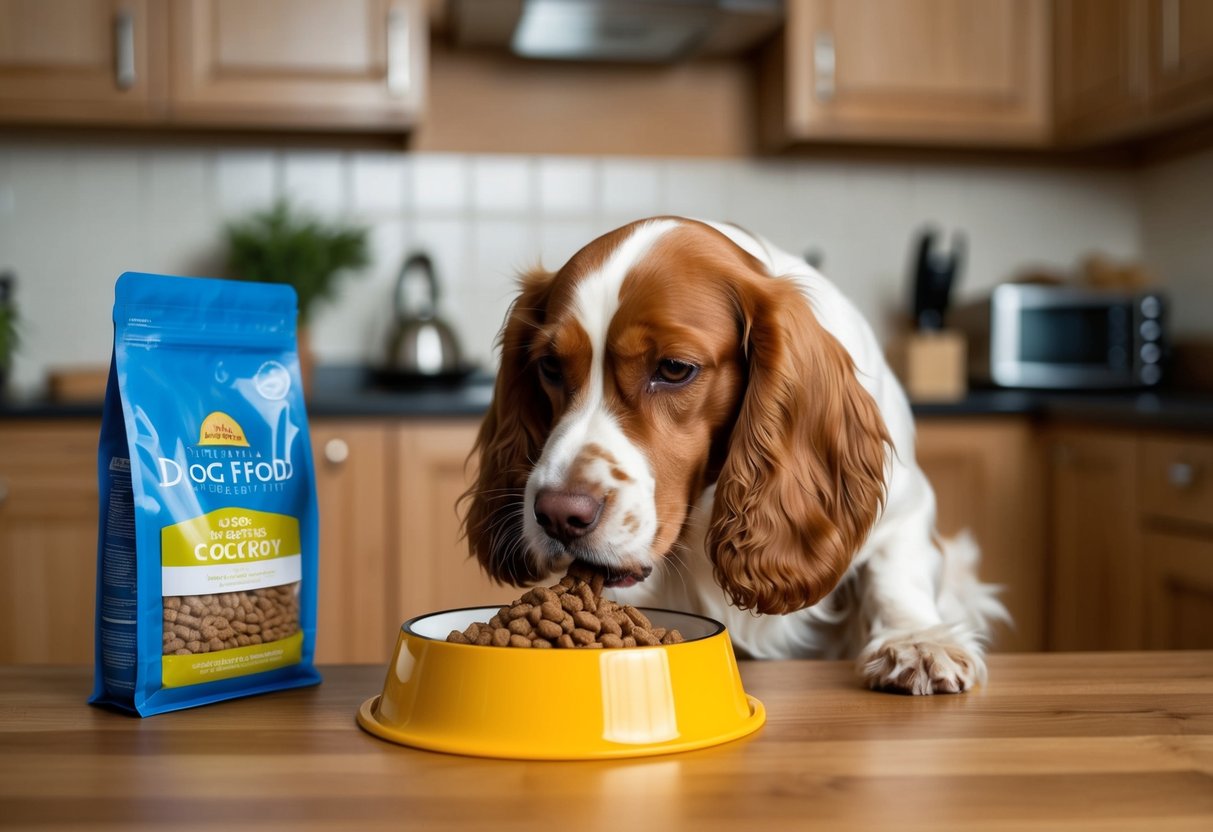 A Cocker Spaniel eats from a raised food bowl in a cozy kitchen, with a bag of high-quality dog food nearby