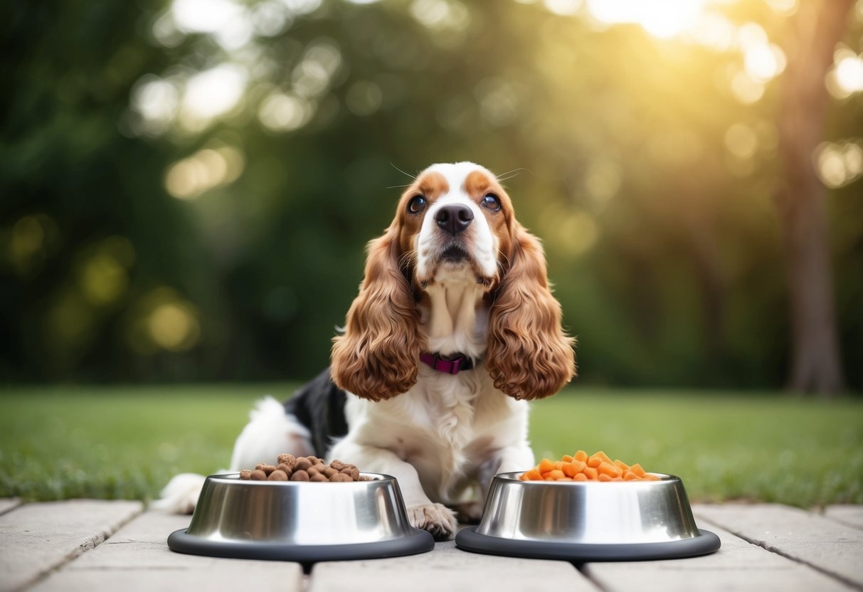 A cocker spaniel sits next to two filled food bowls, looking up eagerly