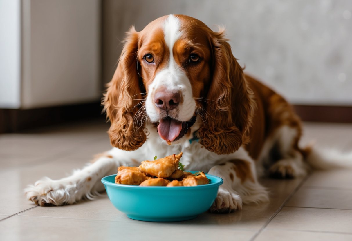 A cocker spaniel happily eating cooked chicken from a bowl on the floor