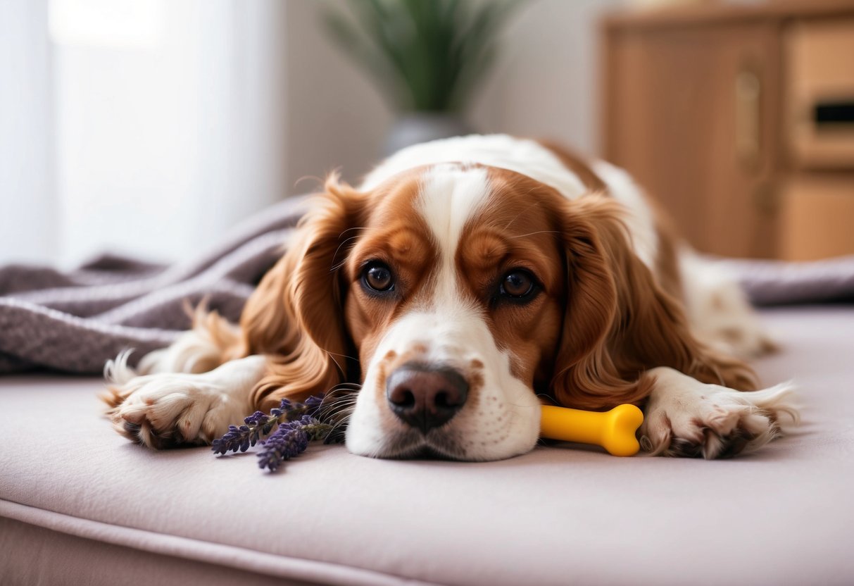 A cocker spaniel lying on a soft blanket with a chew toy and a calming lavender scent in the air