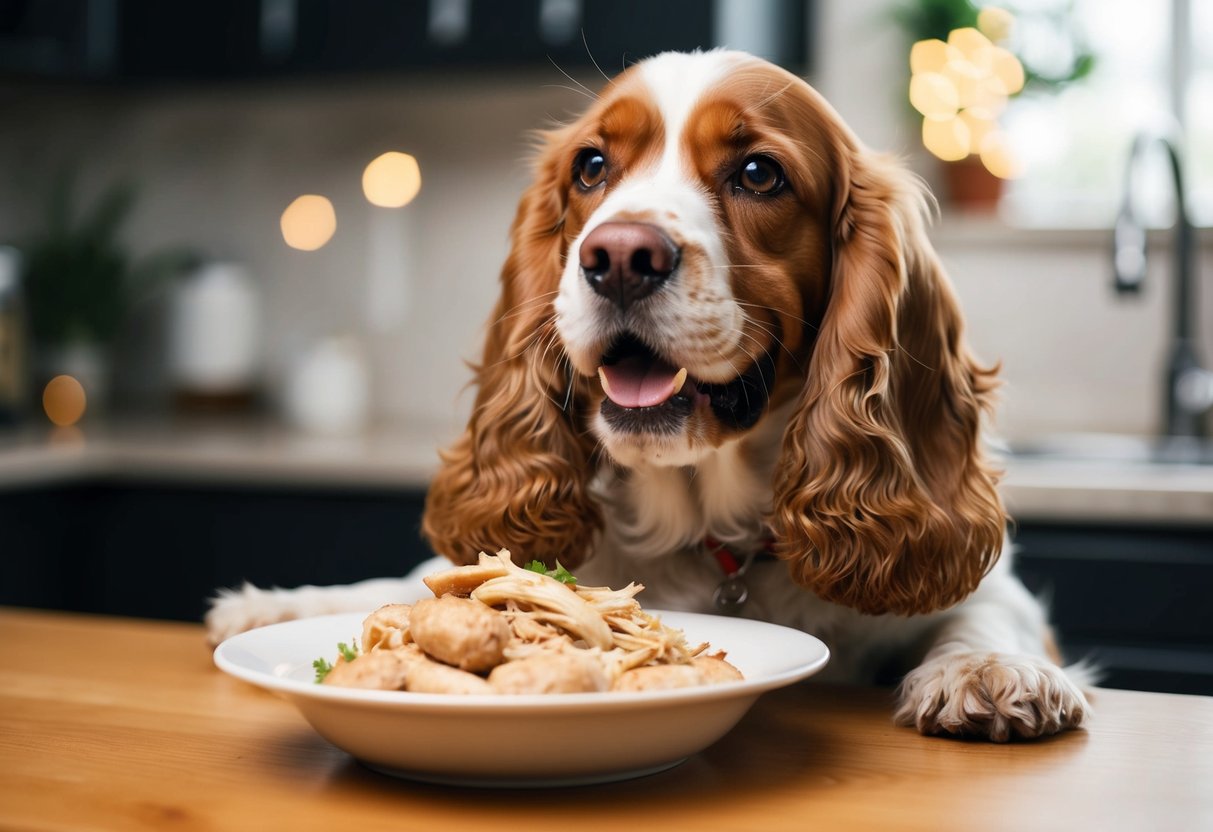 A happy Cocker Spaniel eagerly eats a bowl of cooked chicken, with a shiny coat and bright eyes