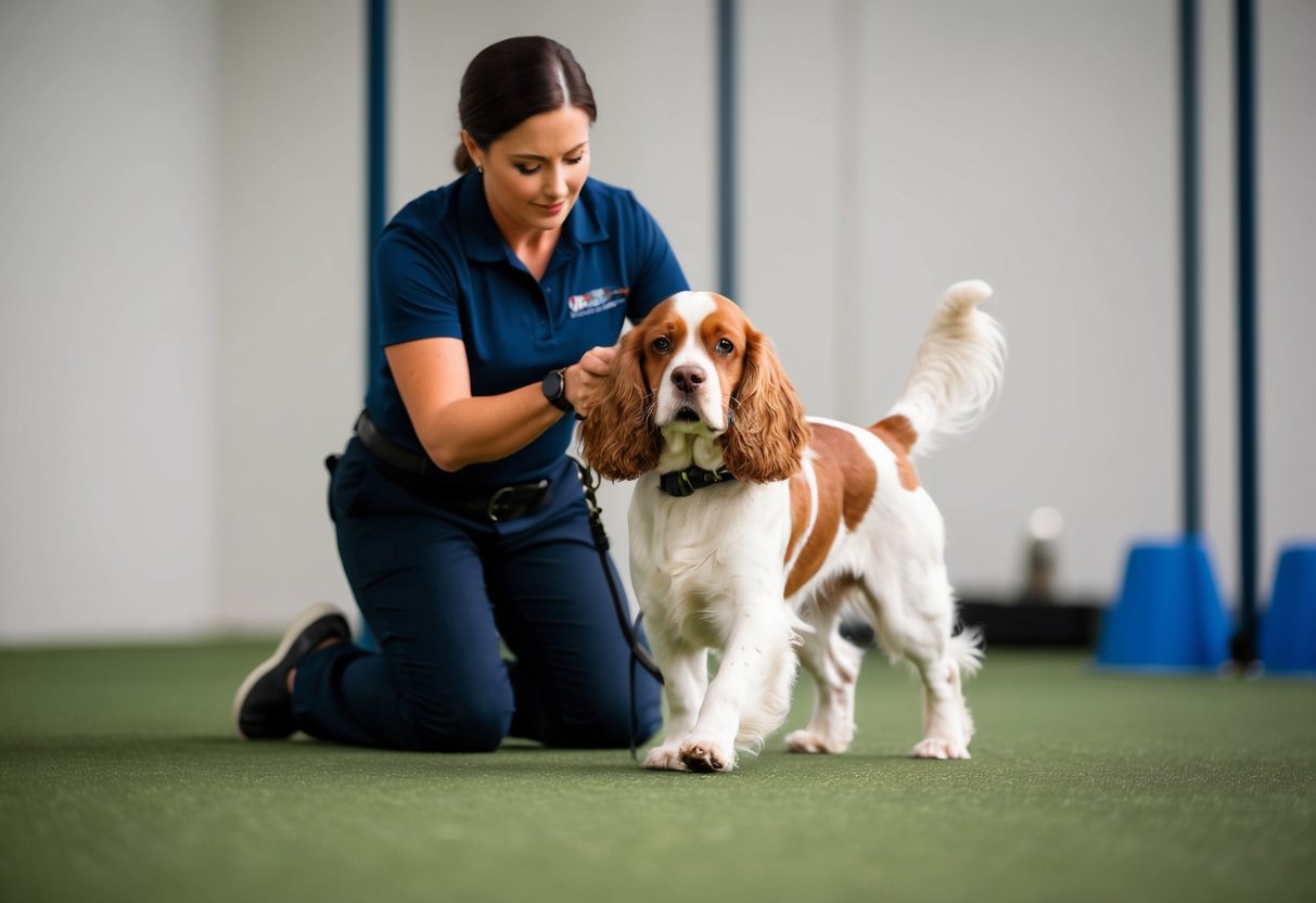 A calm, focused trainer uses positive reinforcement to guide a hyper cocker spaniel through obedience exercises in a quiet, distraction-free environment