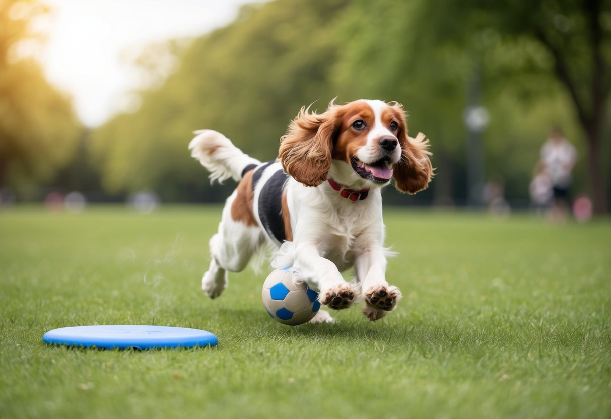 A hyper cocker spaniel chases a ball in a grassy park, with a frisbee lying nearby