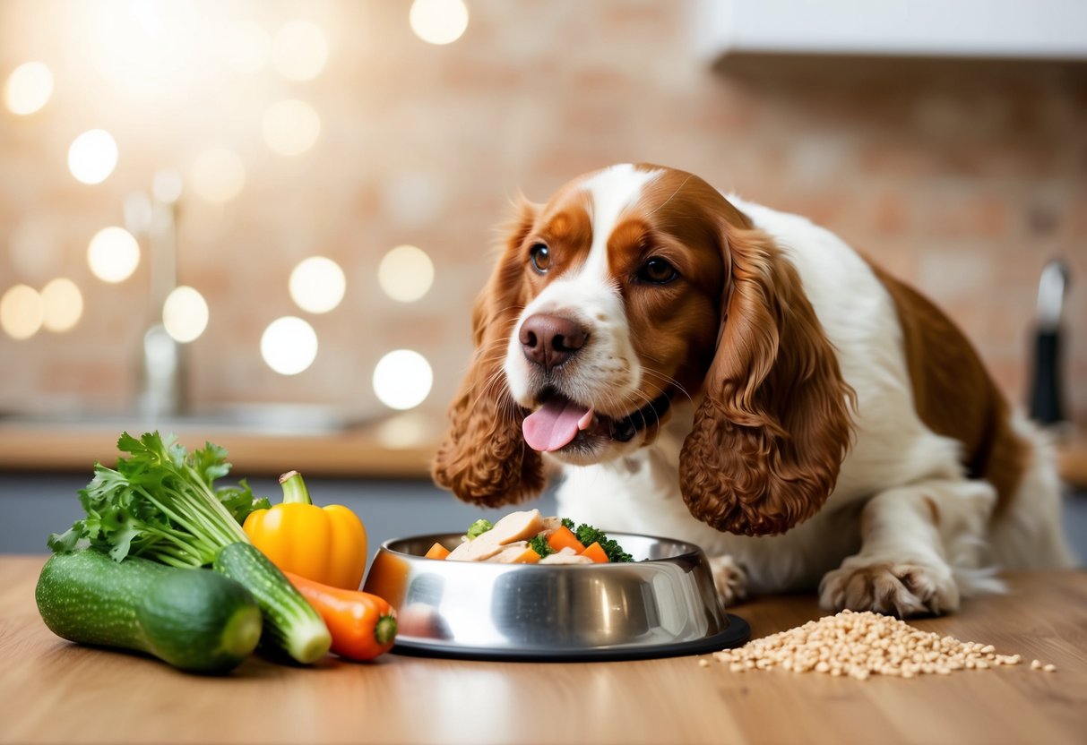 A Cocker Spaniel happily eating a balanced meal of chicken, vegetables, and grains from a food bowl