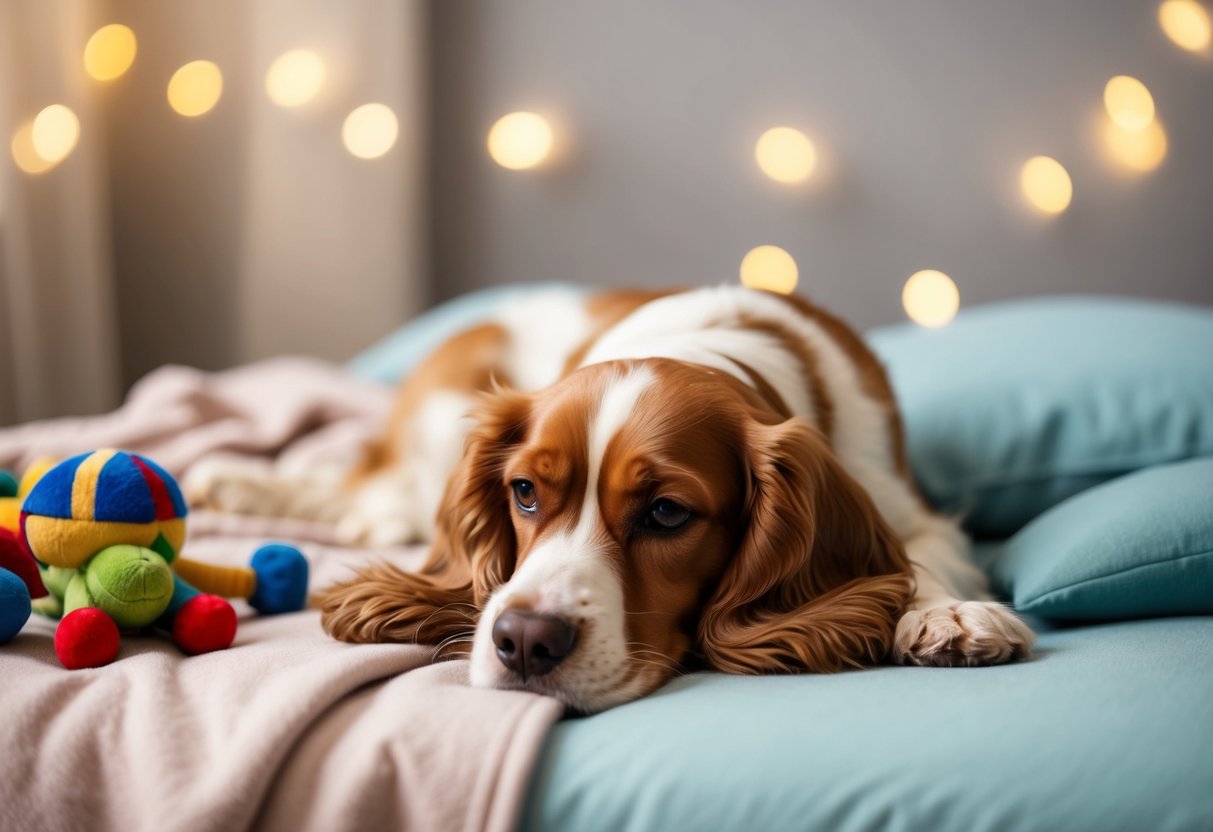 A cocker spaniel lying calmly on a soft bed, surrounded by toys and a comforting blanket. Gentle music plays in the background, creating a peaceful atmosphere